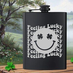 Personalized Irish Clover Face Feeling Lucky Black Flask | Irish | Irish Gifts